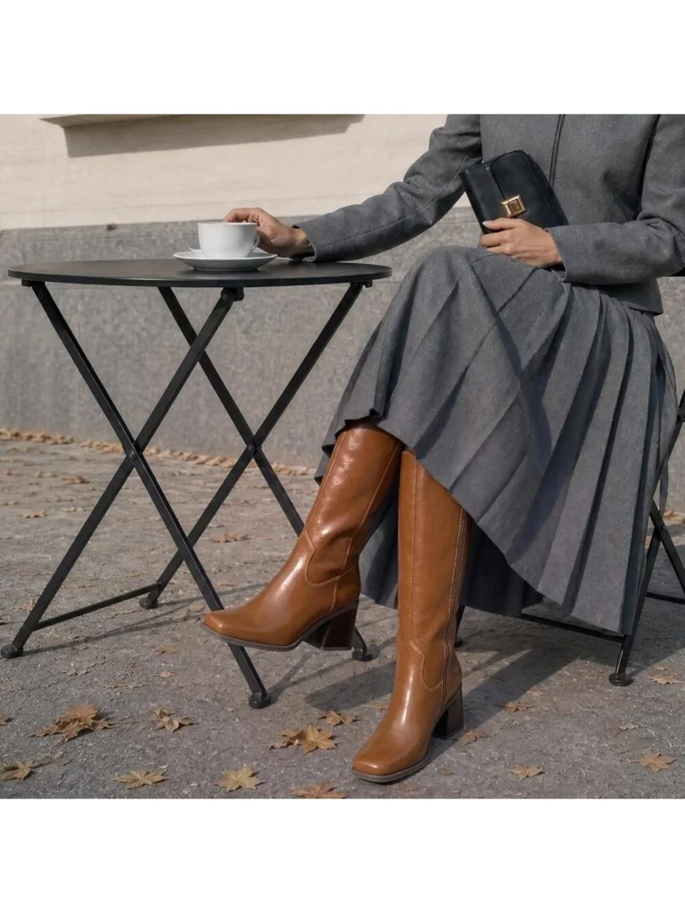 Women's Tan Chunky Block Heel Square Toe Side Zipper Knee High Boots